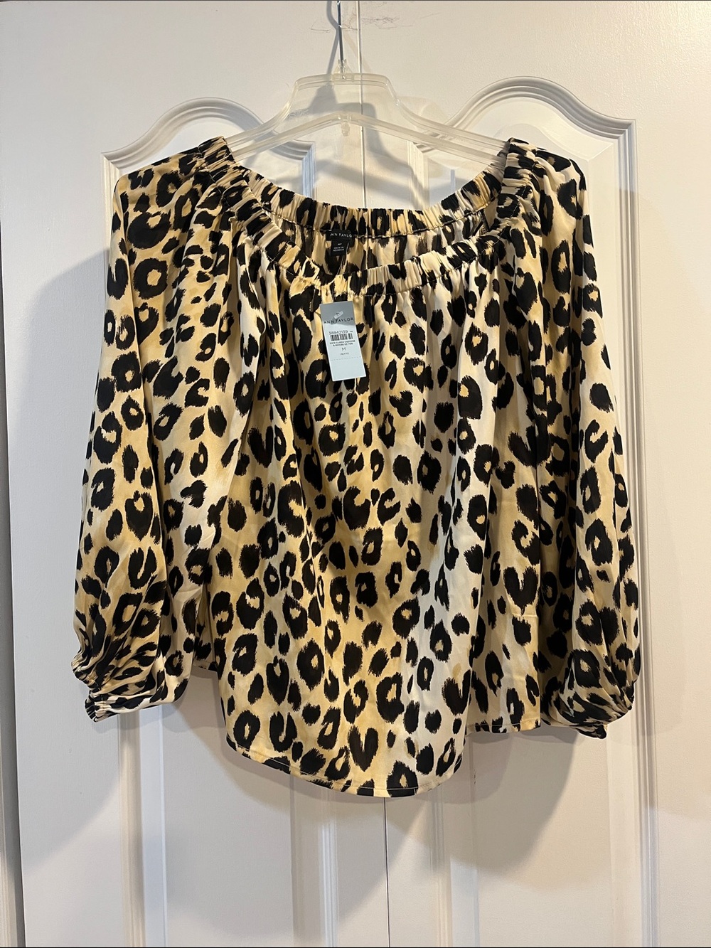 Ann Taylor Leopard Print Off-the-Shoulder Blouse in Beige and Black